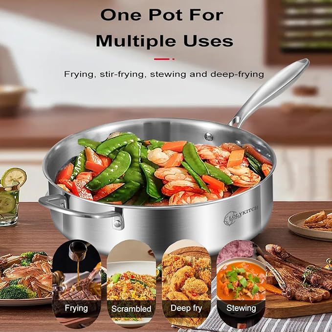 LOLYKITCH 8-10 Inch Tri-ply Stainless Steel Fry Pans and 6 QT Sauté Pan - Image 5