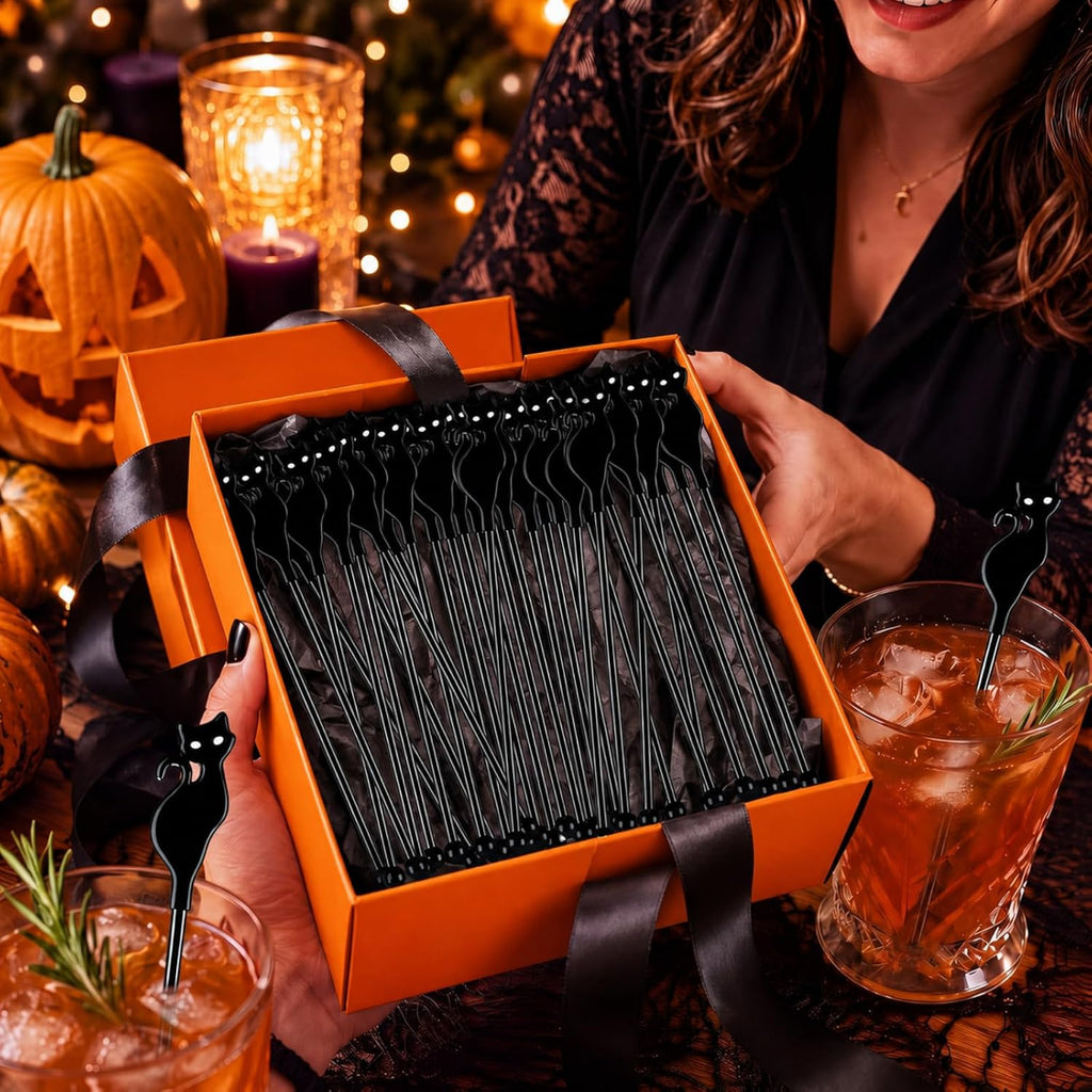 Silifine 100 Pcs Halloween Swizzle Sticks Plastic Black Cat Drink