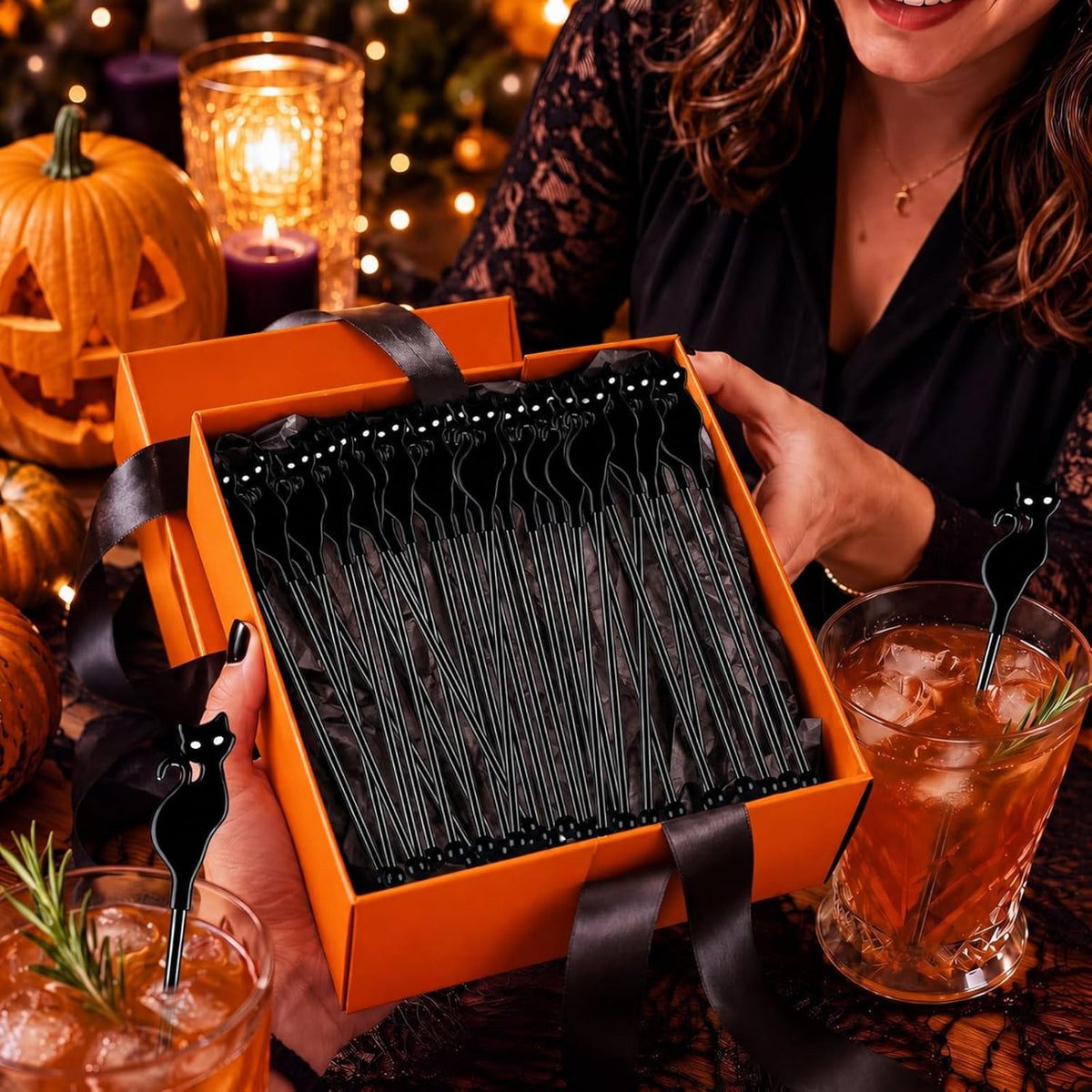 Silifine 100 Pcs Halloween Swizzle Sticks Plastic Black Cat Drink