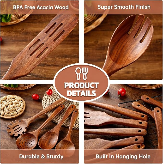 Wooden Spoons for Cooking 11Pcs Natural Acacia Wooden Kitchen Utensil Set - Image 6