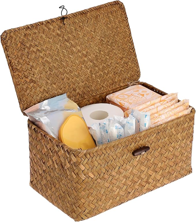 Sumnacon Wicker Basket with Lid Rectangle Woven Baskets by Sumnacon