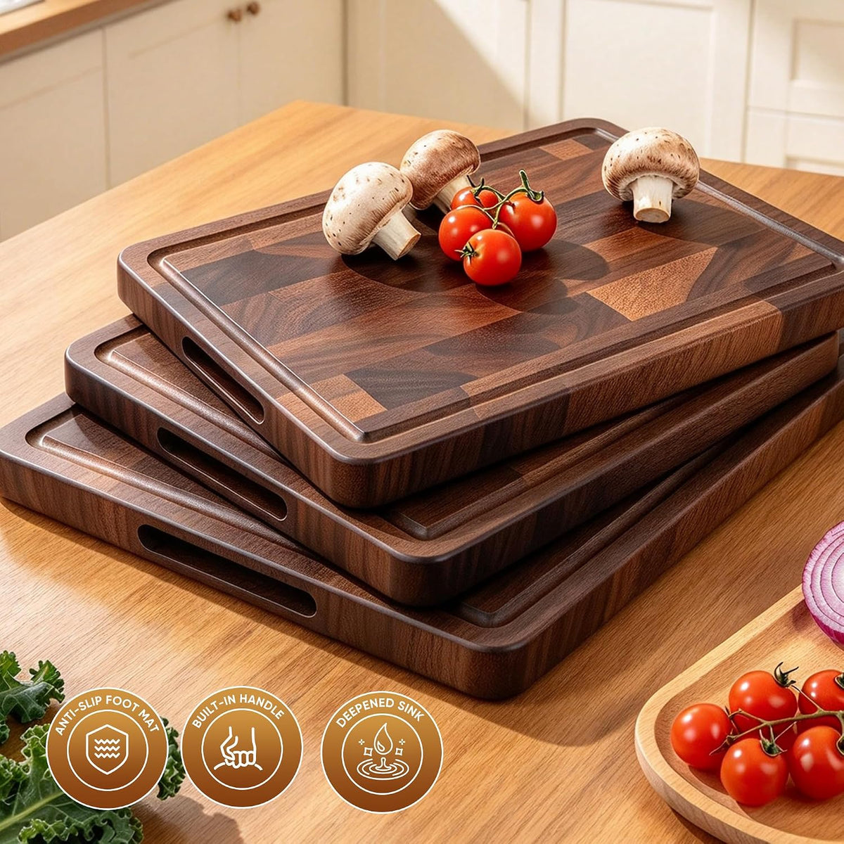 3 Pack Walnut Wood Cutting Boards For Kitchen End Grain Wooden Board
