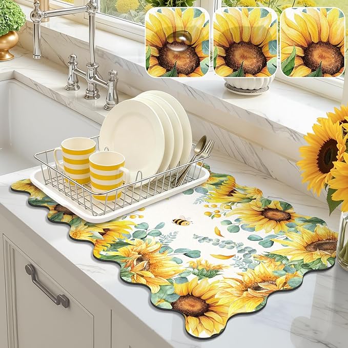 LOKHOM Scalloped Floral Dish Drying Mat, Cuttable Hide Stain Non-slip Drying Mat by LOKHOM