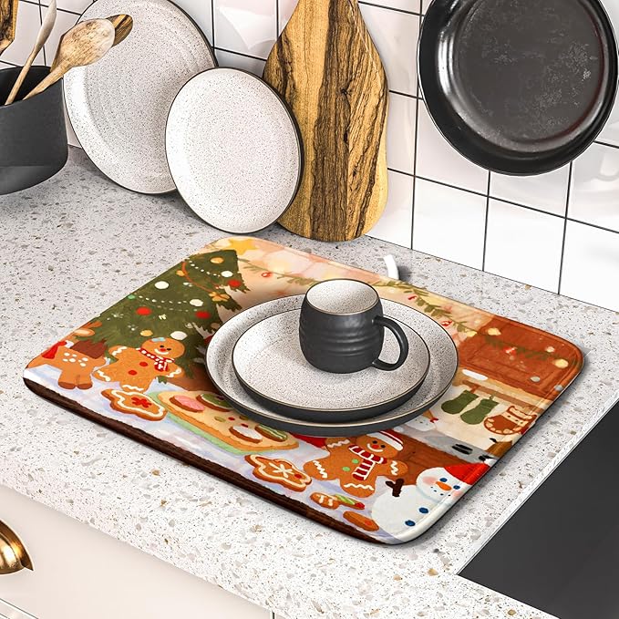 Christmas Dish Drying Mat for Kitchen Counter 16x18 Santa Claus Gingerbread - Image 5
