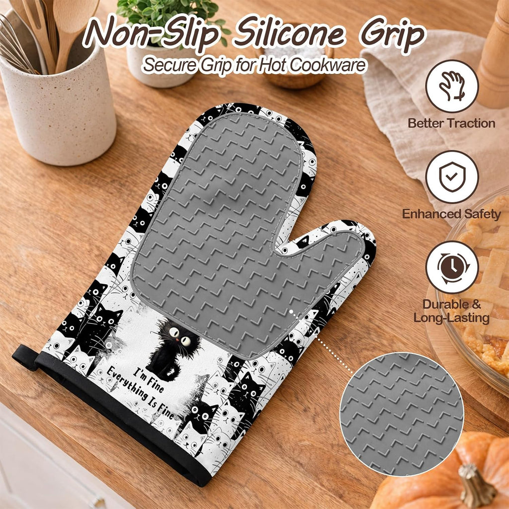 Black Cat Oven Mitts and Pot Holders Sets 3PCS, Cat Silicone Heat