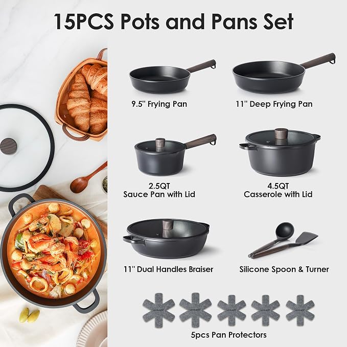SENSARTE 15Pcs Nonstick Cookware Set Pots and Pans Set Kitchen Cooking Frying - Image 2