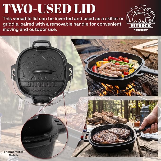HITROCK Cast Iron Camp Dutch Oven 4QT, Pre-Seasoned Camping Dutch Oven - Image 6