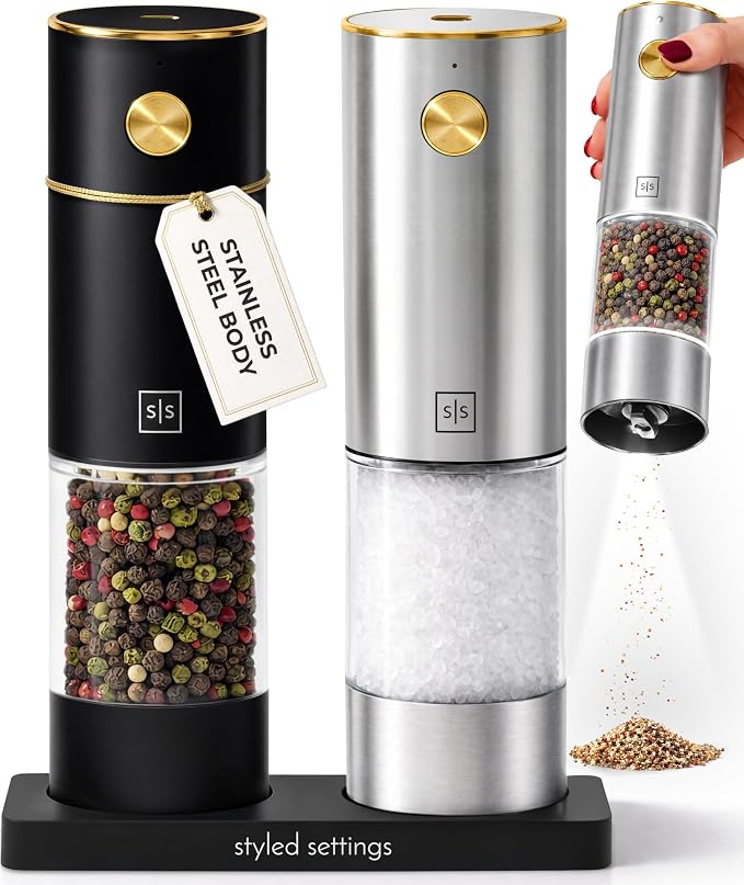Rechargeable Salt and Pepper Grinder Stainless Steel – Electric Salt and Pepper by STYLEDSETTINGS