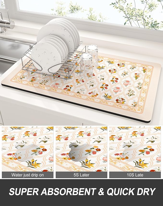 Rnivvi Dish Drying Mat for Kitchen Counter, 12 x 19" Cute Flower Theme Super - Image 3
