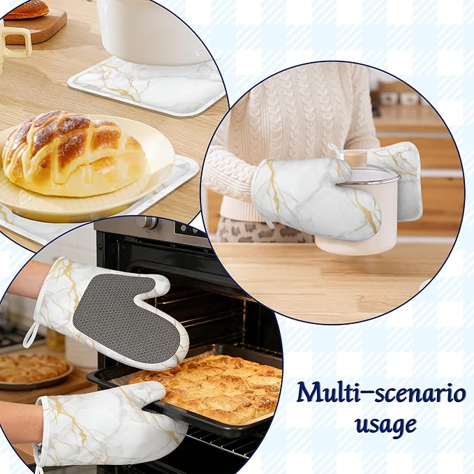 White Gold Marble Pot Holders and Oven Mitts Set Silicone Abstract Marble - Image 6