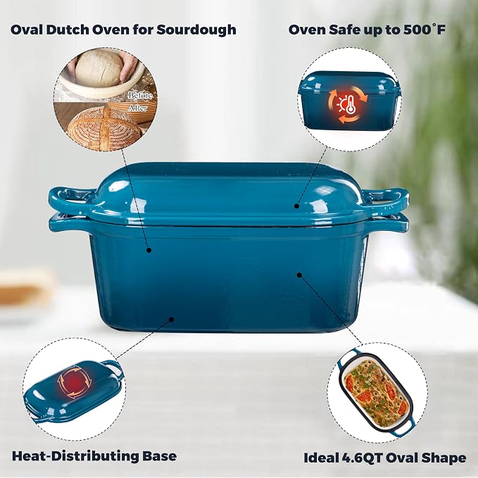 4.6 Quart Dutch Oven for Sourdough Bread Baking, Combo Oval Enameled Cast Iron - Image 5