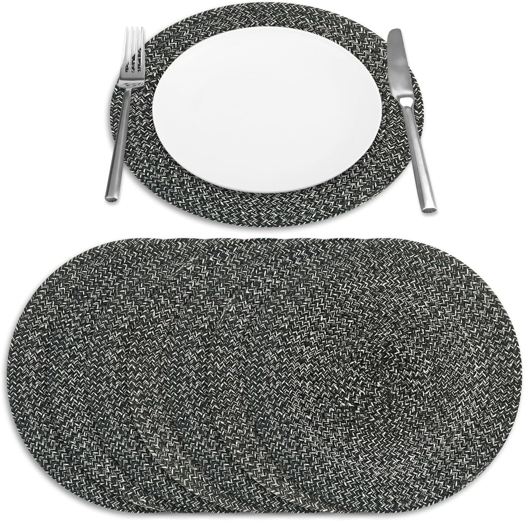 Marled Twist Set of 8 Placemats, 15" Round Cotton, Black, Heat