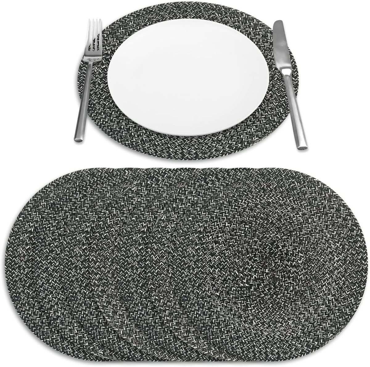 Marled Twist Set of 8 Placemats, 15" Round Cotton, Black, Heat