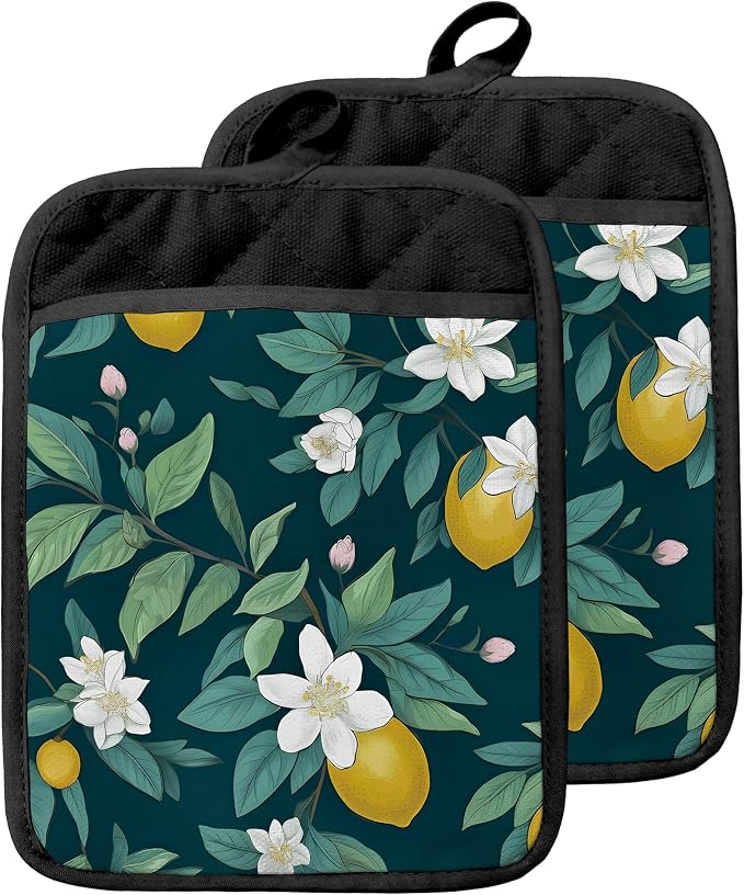 Dark Green Lemon Floral Pot Holders by Unknown