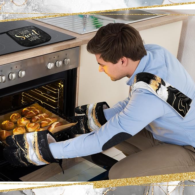Bencailor 6 Pcs Marble Kitchen Decor Gold Pot Holders Oven Mitts 2 Dish Towels - Image 2