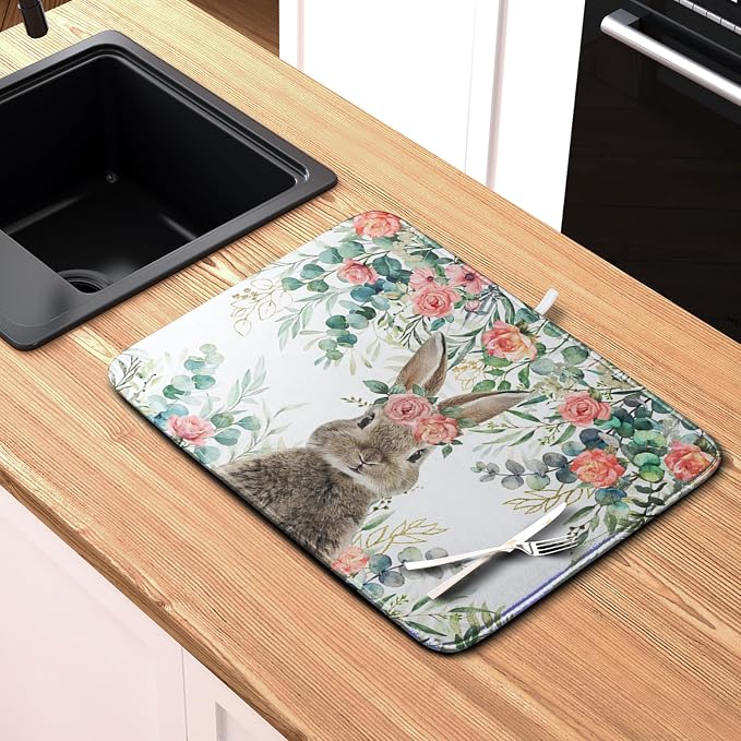 Easter Rabbit Dish Drying Mats for Kitchen Counter Easter Spring Watercolor - Image 6