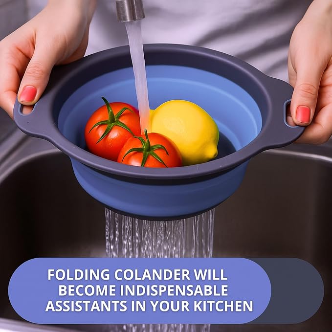 Blue Round Silicone Collapsible Colander – Silicone Round Kitchen Strainers - Image 6