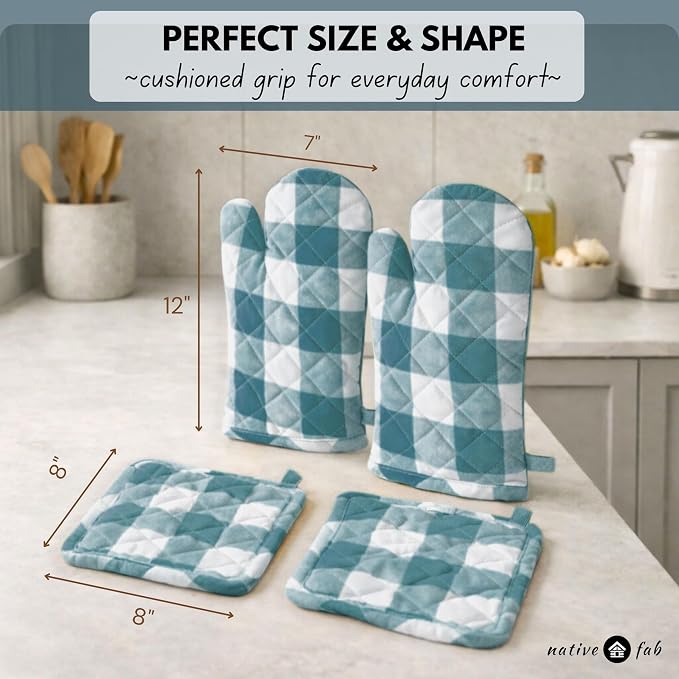 Native Fab Buffalo Plaid Check Oven Mitts and Pot Holders Set of 4, 100% Cotton - Image 6