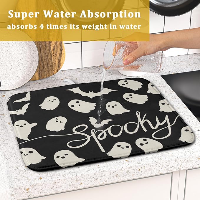 Halloween Dish Drying Mat for Kitchen Counter 16x18 Cute Ghost Black Spooky - Image 7