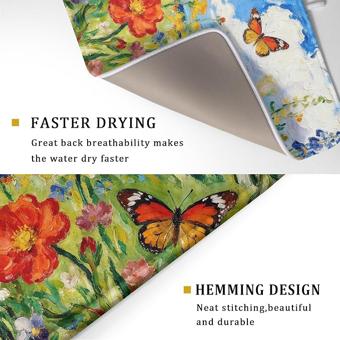 Cute Floral Dish Drying Mat for Kitchen Counter 18x24, Spring Summer Decorative - Image 3