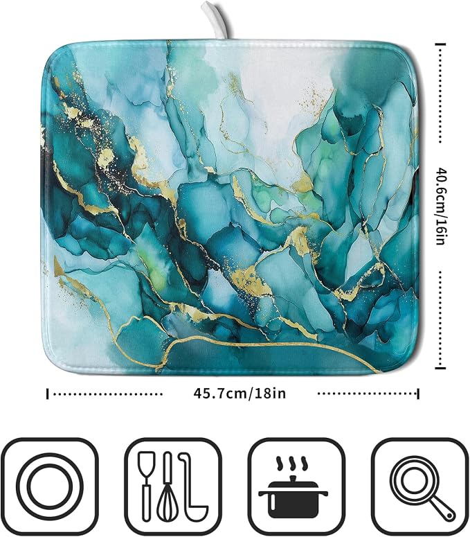 Giwawa Teal Marble Dish Drying Mat Turquoise Blue Marbling Print Dish Drainer - Image 2