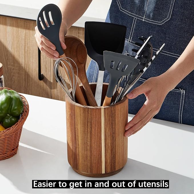 Acacia Wood Utensil Holder for Kitchen Counter, 360° Rotating 7.2" Wooden - Image 5