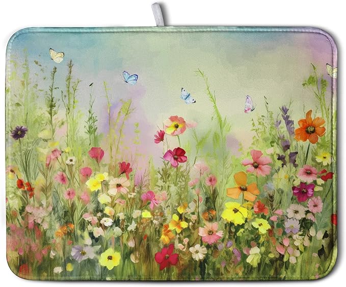 Spring Floral Dish Drying Mat for Kitchen Counter 18x24 Inch Sage Green Wild by Kwlegh
