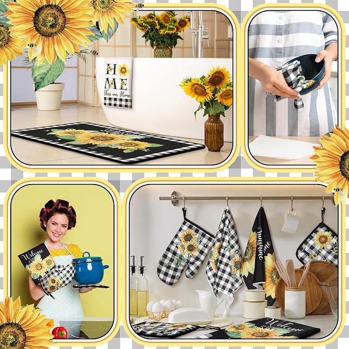 Fourluoo 10 Pcs Sunflower Kitchen Decor 4 White and Black Buffalo Plaid Kitchen - Image 4