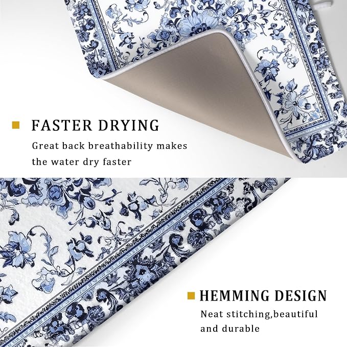 Boho Floral Dish Drying Mat 18x24 Inch Blue Leaves Kitchen Drying Pad - Image 3