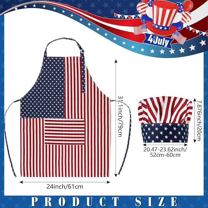 SATINIOR USA 4th of July Flag Kitchen Chef Hat Adjustable Apron 250th - Image 2