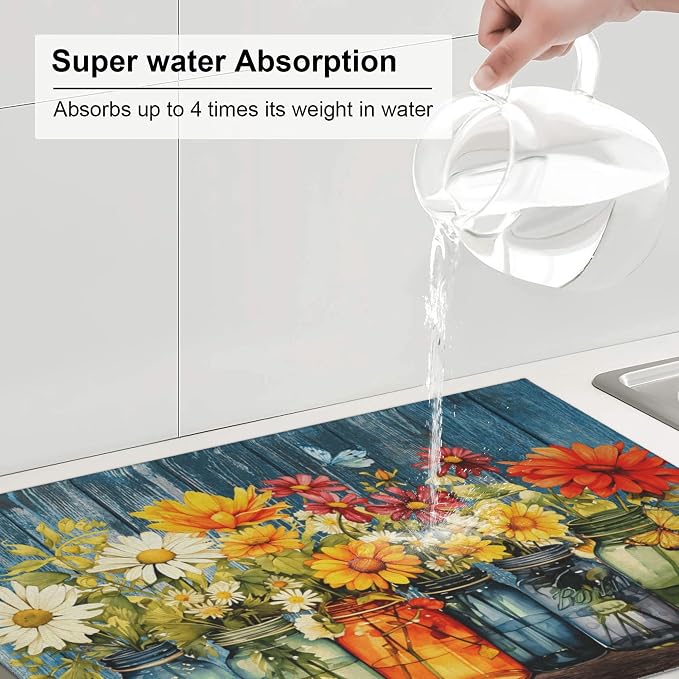 Daisy Dish Drying Mat for Kitchen Counter, Microfiber Floral Dish Mats for - Image 5