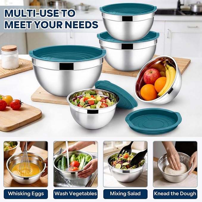 E-far Mixing Bowls With Lids Sets of 5, 10-Piece Stainless Steel Salad Metal - Image 5