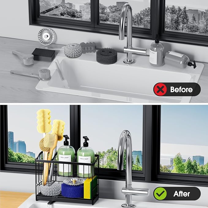 Kitchen Sink Caddy, 2-Tier Self-Draining Sponge & Dish Brush Holder, Rustproof - Image 5