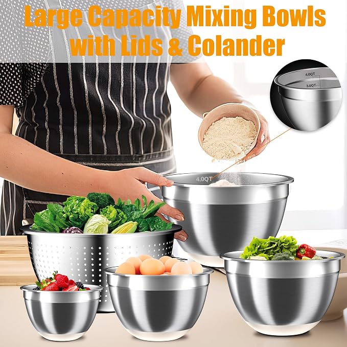 Mixing Bowls with Airtight Lids Set, 4 Stainless Steel Bowls Nesting Bowls & - Image 4