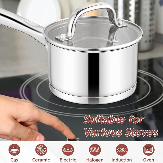 E-far 1 Quart Saucepan with Lid, Stainless Steel Small Sauce Pan Boiling Pot - Image 3