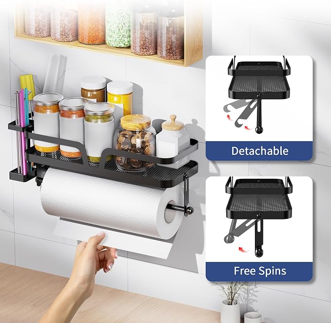 Taozun Paper Towel Holder with Shelf & Side Straw Basket - Image 4
