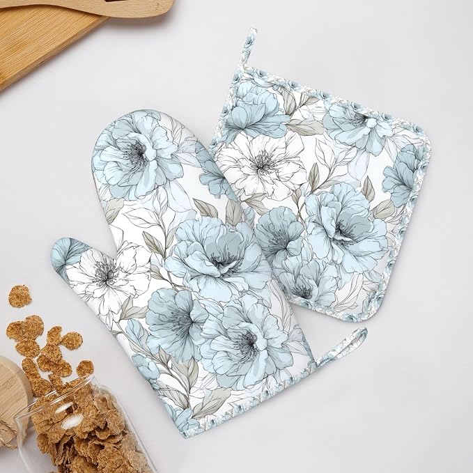 Oven Mitts and Pot Holders Set, Vintage Pastel Flower Peony Silicone Kitchen - Image 6