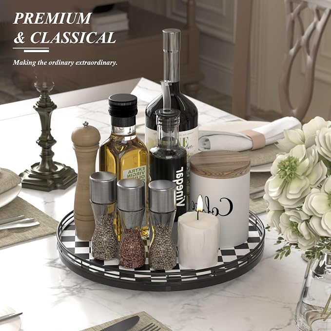 Black and White Kitchen Lazy Susan Turntable – Checkered Round Decorative Tray - Image 2