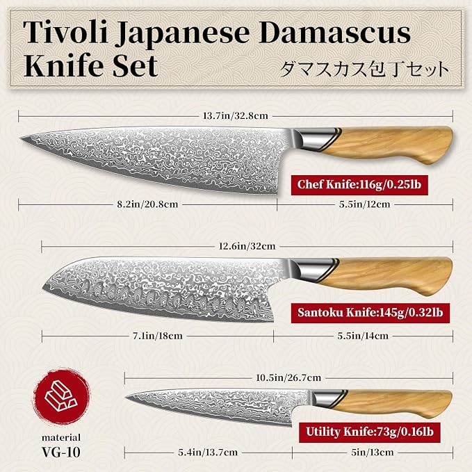 TIVOLI Damascus Kitchen Knife Set, VG-10 Damascus Santoku Paring Knife - Image 7