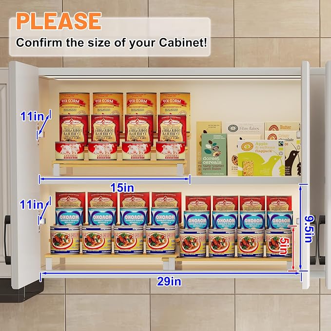 Expandable Can Organizer for Pantry, 3-Tier Adjustable Bamboo & Iron Can Rack - Image 3