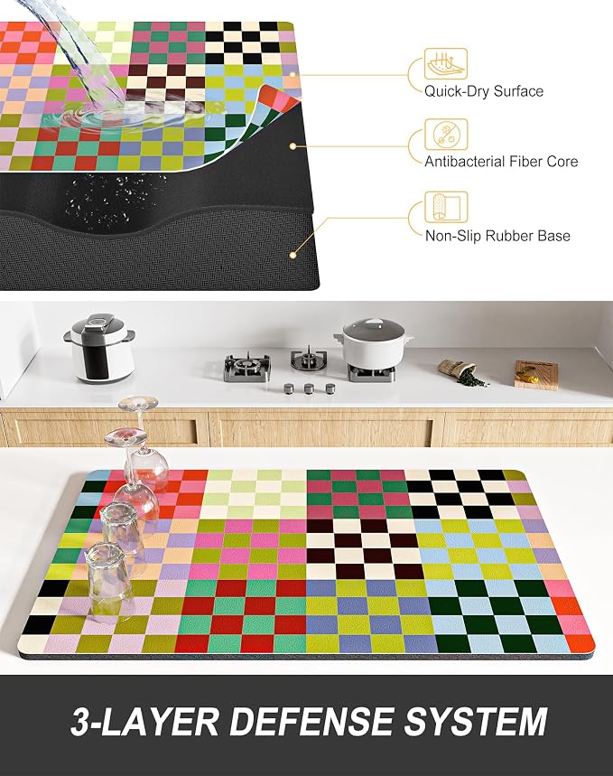 Rnivvi Dish Drying Mat for Kitchen Counter, XL 15 x 24" Cute Checkered - Image 4