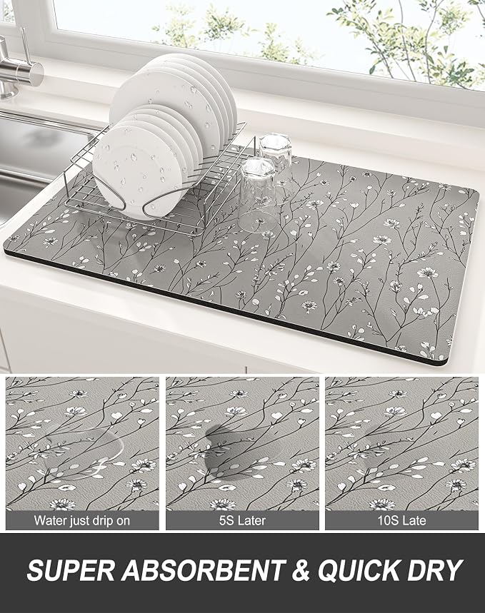 Rnivvi Dish Drying Mat for Kitchen Counter, 12 x 19" Cute Flower Theme Super - Image 3