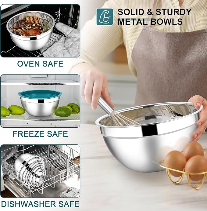 E-far Mixing Bowls with Lids Set, 7-Piece Stainless Steel Mixing Bowls with 3 - Image 5
