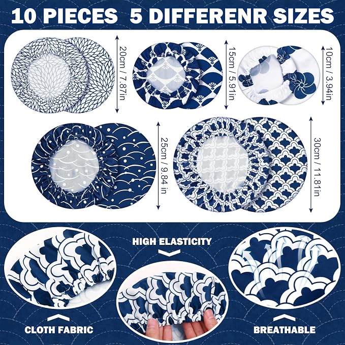 Patelai 10 Pcs Bowl Covers Reusable in 5 Size Stretch Cloth Fabric Elastic Food - Image 2