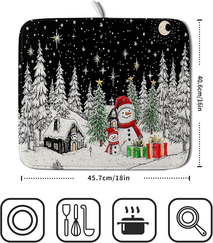 Winter Snowman Dish Drying Mat 18 X 16 in Black Microfiber Dish Pad Absorbent - Image 2