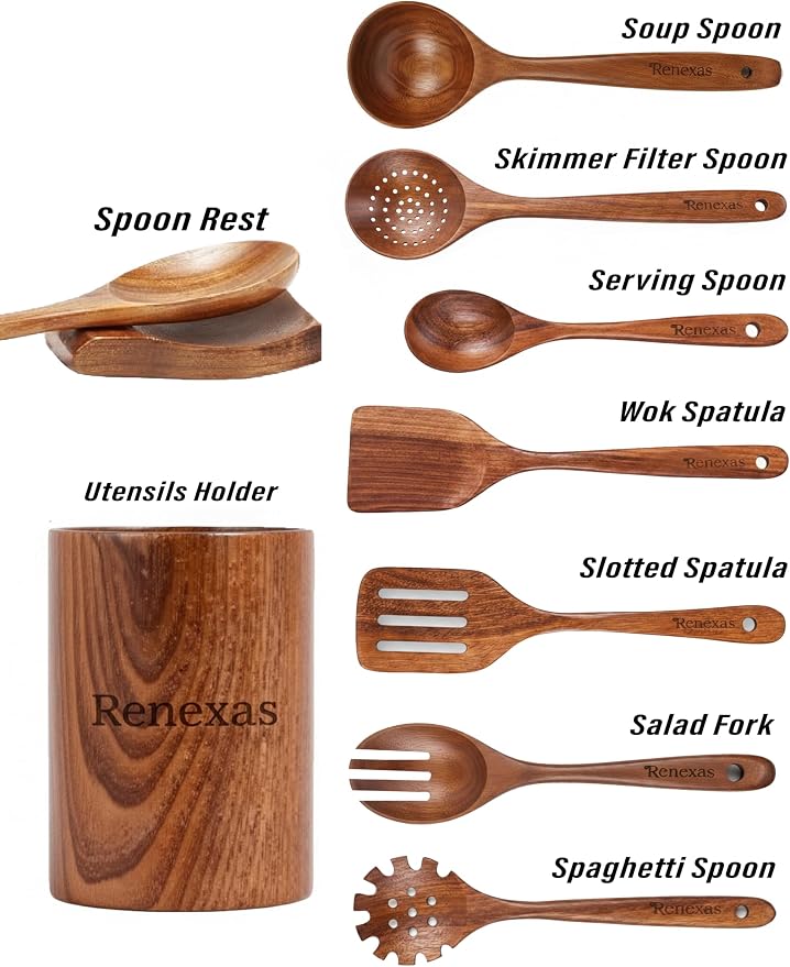 9-Piece Teak Wooden Kitchen Utensil Set – Nonstick Safe Cooking Spoons & - Image 3