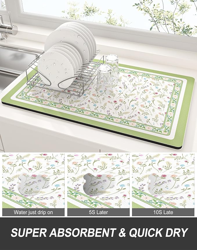 Rnivvi Dish Drying Mat for Kitchen Counter, XL 15 x 24" Cute Flower Theme - Image 3