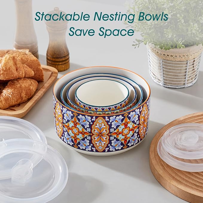 vancasso Serving Bowls with Lids Set of 4, Ceramic Nesting Mixing Bowls - Image 5