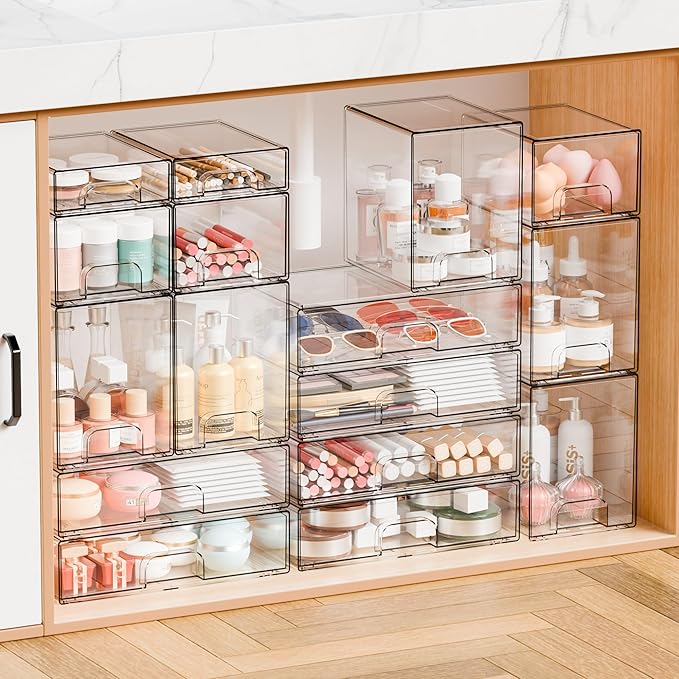 Yieach 8 Pack Small Clear Stackable Storage Drawers, 2.2'' Tall Desk - Image 7