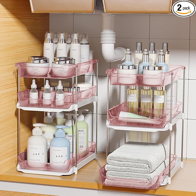 Delamu 2 Pack 3-Tier Bathroom Under Sink Organizers and Storage, Pull Out Clear by DELAMU